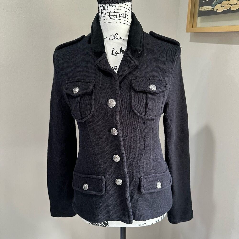 Ralph Lauren Black Military Silver Button Cardigan Jacket Pettite Medium